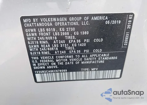 2019 Volkswagen Atlas 3.6L V6 Se W/Technology z USA, uszkodzony, nr VIN 1V2UR2CA5KC576089